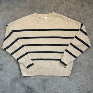 FIG Clothing Sweater Womens Medium Beige Navy Striped Crewneck Wool Blend